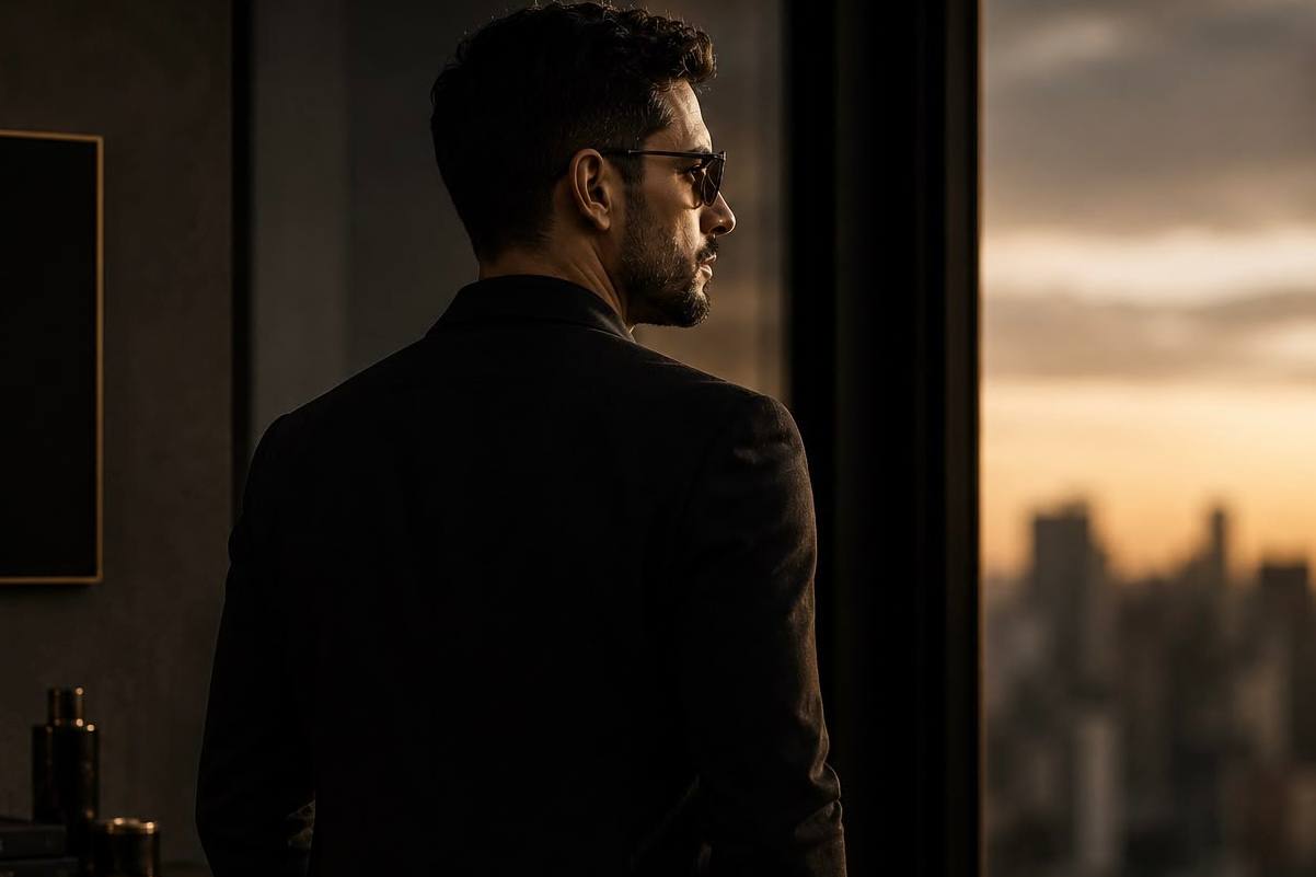 Presença e confiança — homem de terno ao entardecer